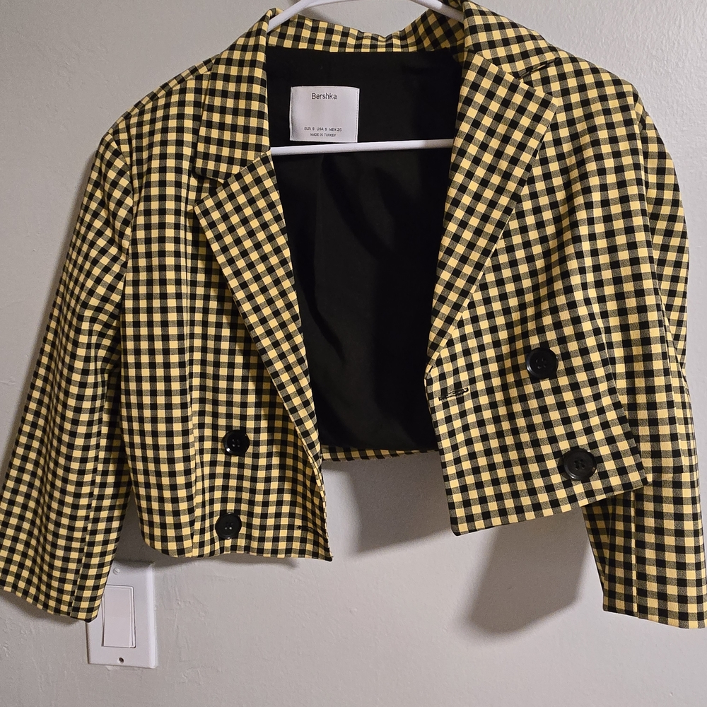 Bershka Women's Black and Yellow Checkered Blazer